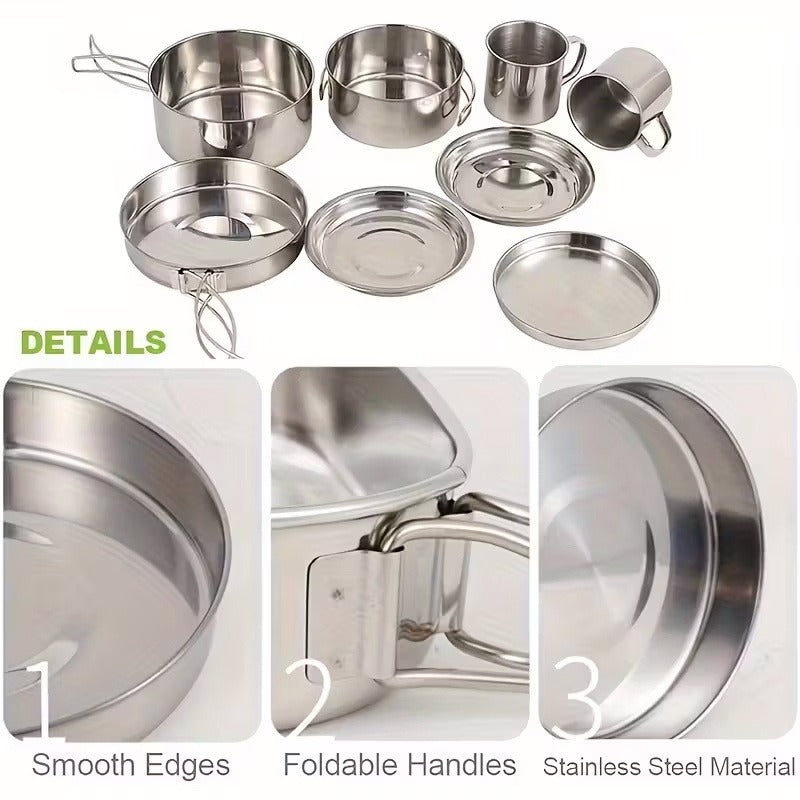 Camping Tableware Set 8 Piece Stainless Steel – Portable Outdoor Dining Set with Foldable Handle Plates, Cups & Utensils | Lightweight Camping Cookware for 2-3 People, Picnic, BBQ & Hiking