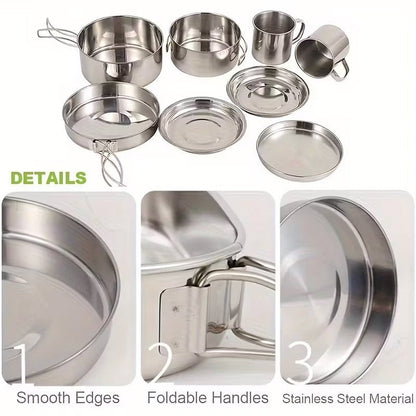Camping Tableware Set 8 Piece Stainless Steel – Portable Outdoor Dining Set with Foldable Handle Plates, Cups & Utensils | Lightweight Camping Cookware for 2-3 People, Picnic, BBQ & Hiking