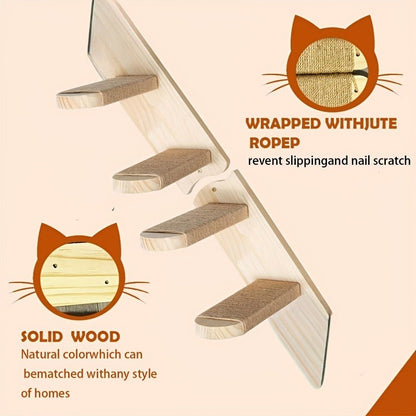 Wall-Mounted Cat Climbing Frame Solid Wood Cat Stairs Ladder Perch Jumping Platform All Season Indoor Cat Wall Furniture Adorable Cat Steps