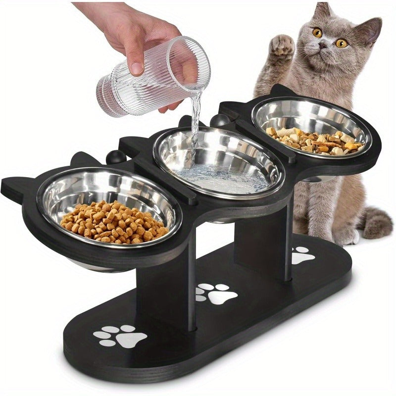 Elevated Cat Bowl Stand with Tilted Stainless Steel Bowls - Adjustable Raised Feeder, Anti-Spill, Black Wood Base for Cats & Small Dogs