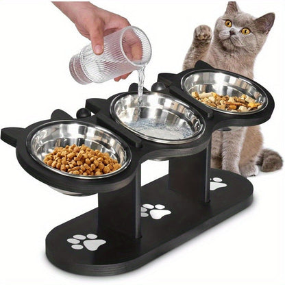 Elevated Cat Bowl Stand with Tilted Stainless Steel Bowls - Adjustable Raised Feeder, Anti-Spill, Black Wood Base for Cats & Small Dogs