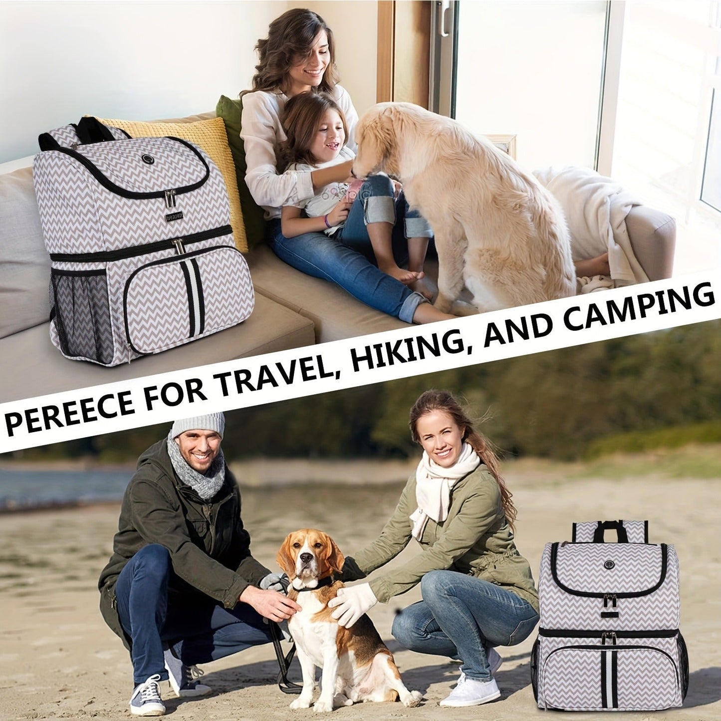 Pet Travel Backpack Double Layer Dog Cat Supplies Bag with 2 Collapsible Bowls 2 Food Baskets Portable Organizer for Outdoor Hiking Camping Road Trip