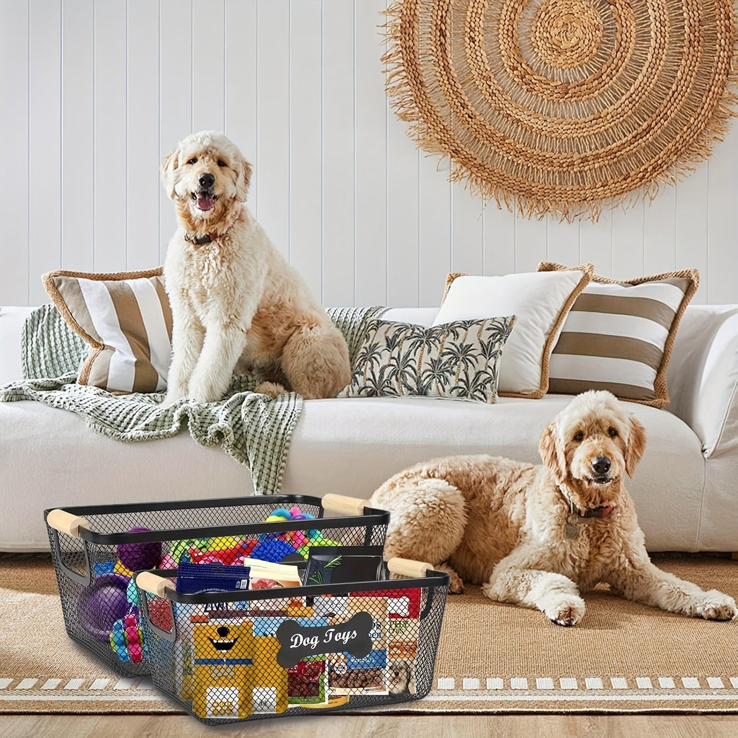 Metal Dog Toy Storage Basket Set with Wooden Handles – 2-Pack Mesh Wire Organizer Bin for Dog Toys, Collars, Blankets & Accessories