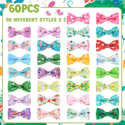 Dog Bow Ties 60-Pack Detachable Collar Charm Attachment – Seasonal Spring Puppy Bows Bulk Grooming Accessories for Small Medium Large Dogs & Cats, Pet Costume Collar Decoration Set