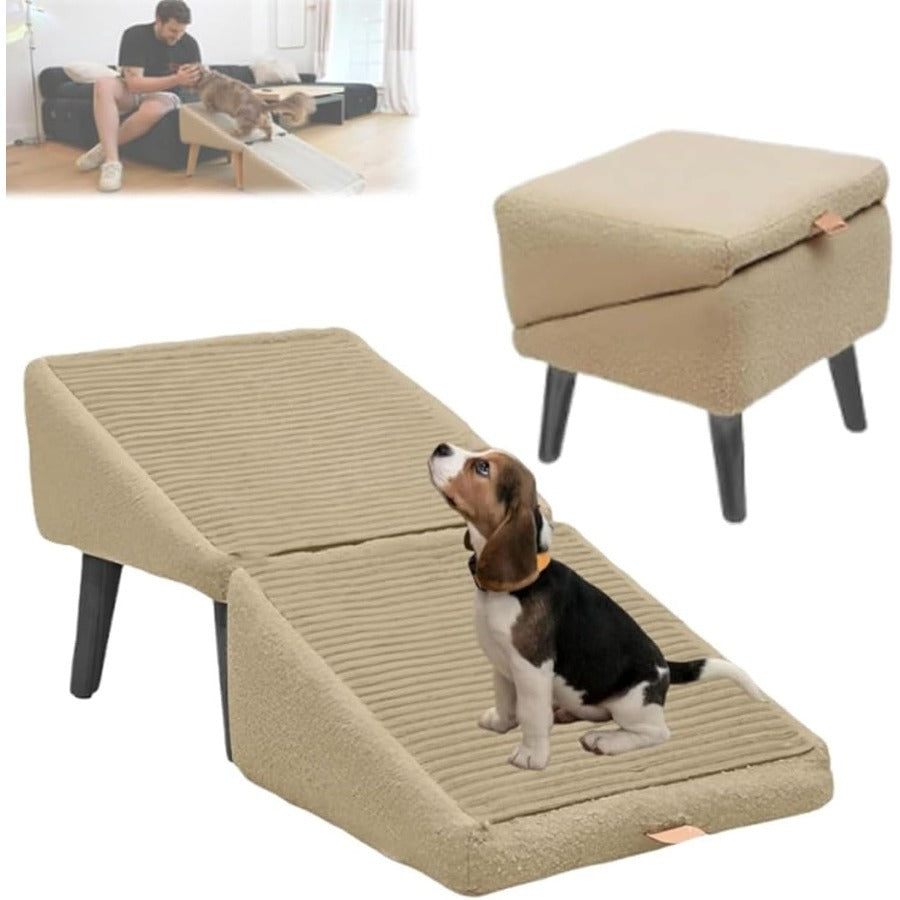 Dog Ramp 2-in-1 Foldable Ottoman Pet Stairs for Sofa Bed, Solid Wood Frame Heavy-Duty Small Dog Steps with Anti-Scratch Rounded Edges, Space-Saving Folding Pet Ramp Footrest, Black & Khaki