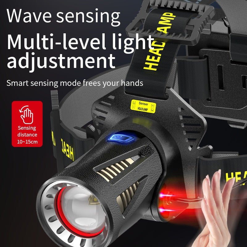 XHP360 Rechargeable Headlamp 3 Modes Sensor 90° Tilt Power Bank Type-C 3x18650 Zoomable Head Torch for Fishing Camping Hiking