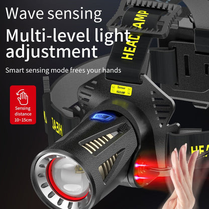XHP360 Rechargeable Headlamp 3 Modes Sensor 90° Tilt Power Bank Type-C 3x18650 Zoomable Head Torch for Fishing Camping Hiking