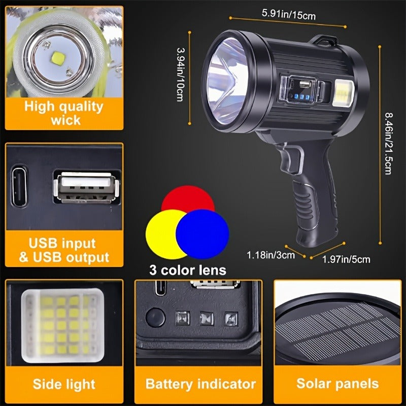 Waterproof LED Flashlight 6 Modes 3 Color Filters Solar USB Rechargeable IPX4 Torch for Hunting Camping Boating Hiking Emergency