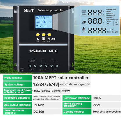 100A MPPT Solar Charge Controller with LCD Display, Auto Tracking, Compatible with Lead-Acid Batteries, Ternary Lithium Batteries, Lithium Iron Phosphate Batteries, Suitable for Off-Grid Solar Systems, Rvs, Ships, Without Battery