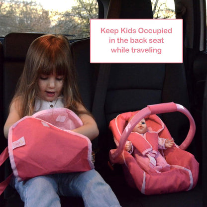 Doll Car Seat Carrier for 18 Inch Dolls Pink Unicorn Design 2-in-1 Baby Doll Travel Accessory Lead-Free Safety Tested Role Play Gift for Girls Ages 3+ Birthday Christmas