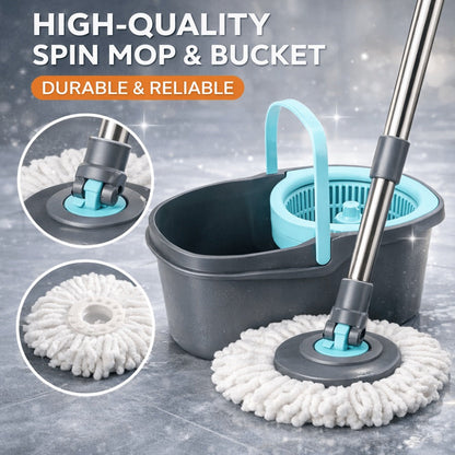 360 Spin Mop and Bucket Set with Wringer - Stainless Steel Extended Handle Spinning Mop Bucket System with Microfiber Mop Refills for Hardwood, Tile & Laminate Floor Cleaning, Black Blue Pink Red