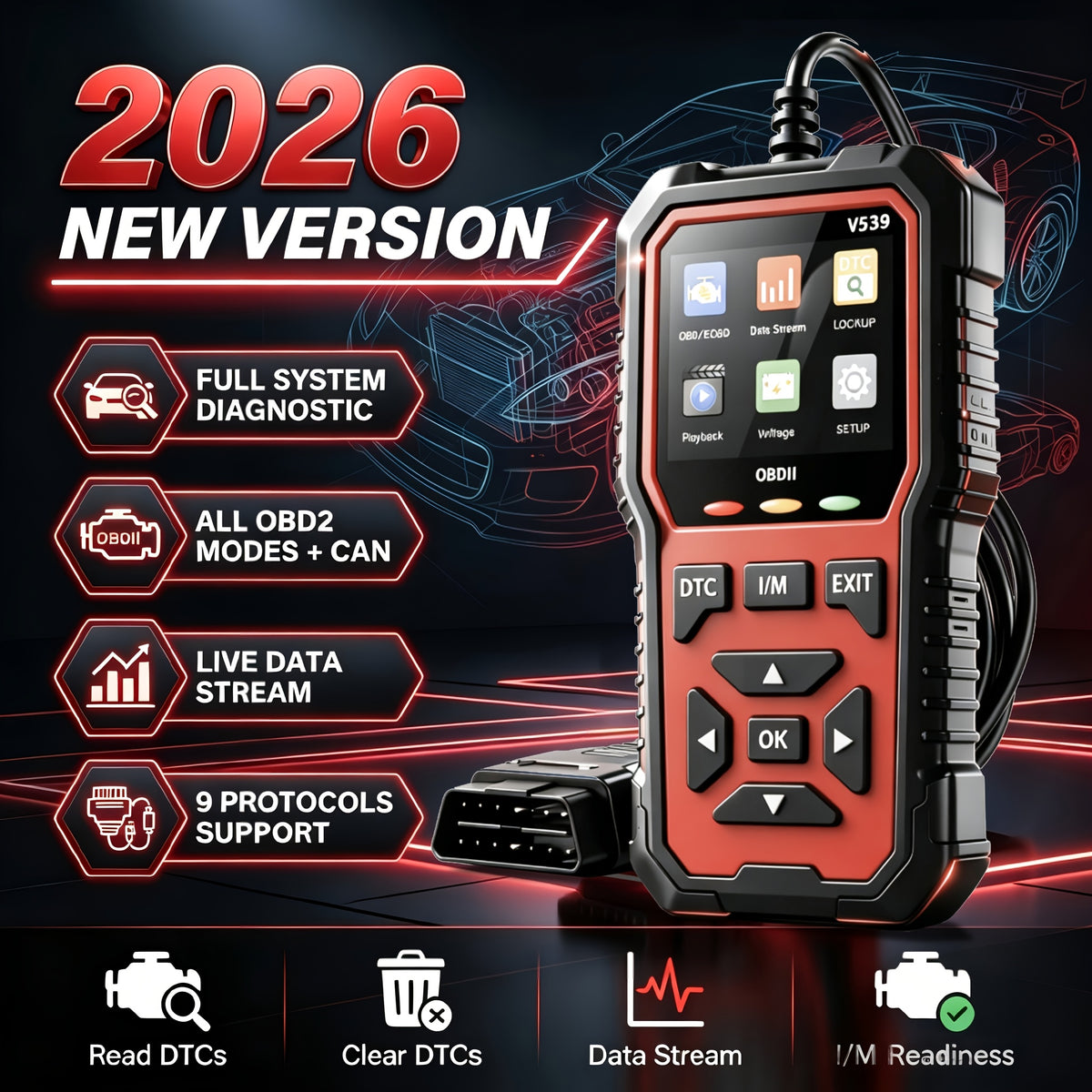 2026 Enhanced V539 OBD2 Diagnostic with Full Engine Code Reading And 6 Reset Modes for All OBD2/EOBD Vehicles from 1996 Onwards, Capable of Battery Voltage Testing And Reading/Clearing Codes Without a Battery, Without Battery