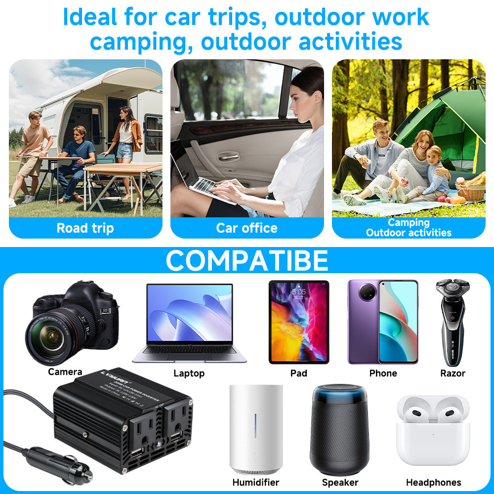LVYUAN 200W Power Inverter for Vehicles DC 12V to 110V AC Car Plug Adapter Outlet Converter with 2 USB Fast Charging Ports and 2 AC Outlets Car Charger Adapter