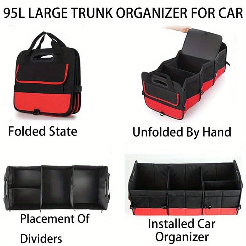 Foldable Car Trunk Organizer 95L – 4-Compartment Storage Box with 2 Retractable Straps, Collapsible Cargo Bin for SUV Truck Minivan – Travel Camping Shopping