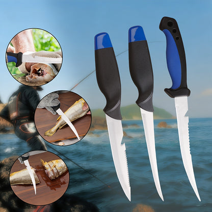 Fishing Knife Set 3-Piece Stainless Steel Fillet Boning Knife with Cut Resistant Gloves Fishing Line Cutter Stretch Rope for Fishing Camping Carving