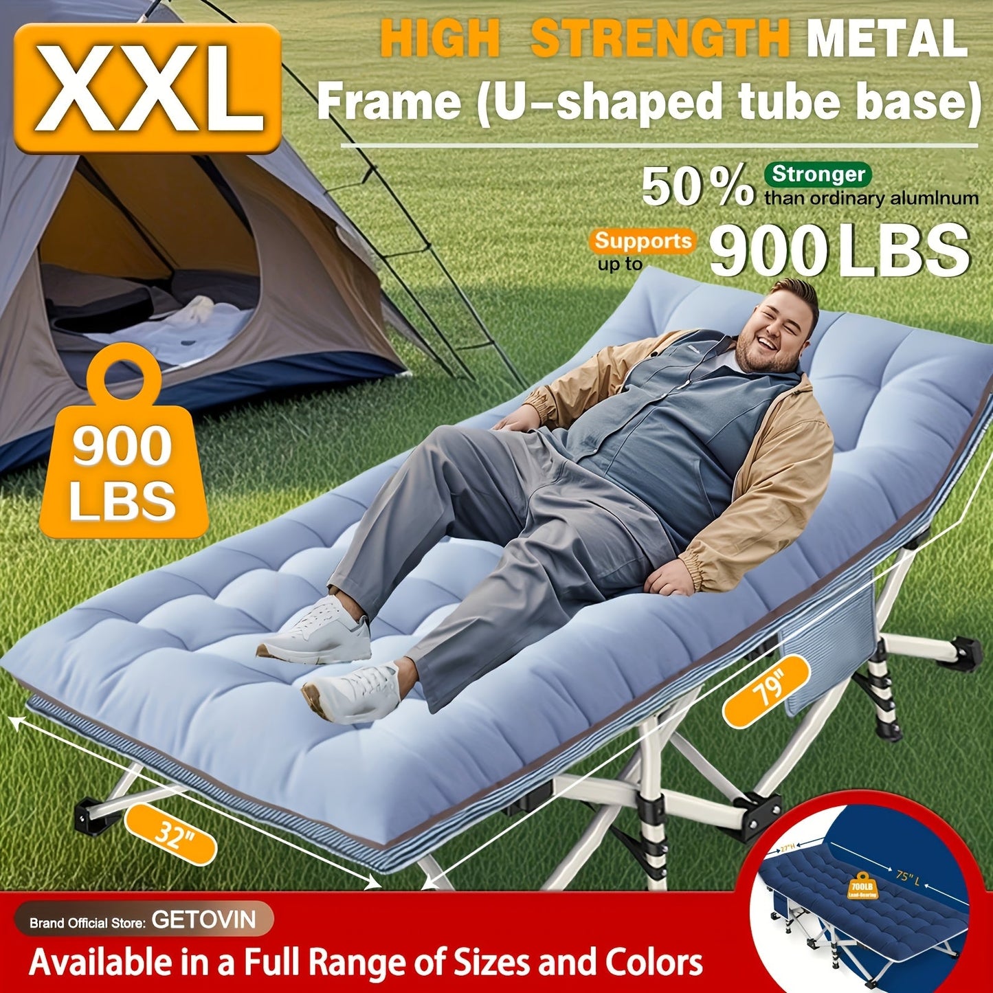 Folding Camping Cot with Mattress 75"-79" | Portable Sleeping Cot for Adults Kids & Teens | Home Office Beach Garden Fishing | Max Load 700-900 lbs
