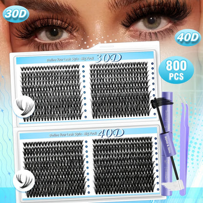 800Pcs Fluffy Wispy Lash Clusters Kit — 30D 40D Mixed Length 8-16mm DIY Eyelash Extensions with 2-in-1 Bond & Seal Glue and Tweezers, Natural Long-Lasting Cluster Lashes for Everyday Wear & Events