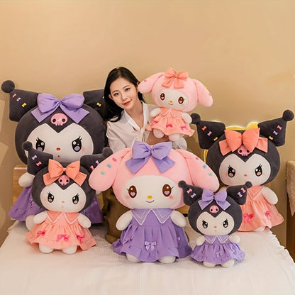 Kuromi My Melody Plush Doll Princess Dress – Soft Collectible Sanrio Stuffed Animal with Pink Bow & Ruffled Collar, Kawaii Room Decor Birthday Christmas Gift for Girls
