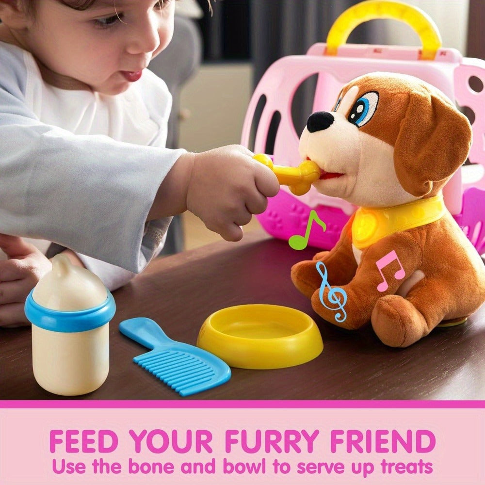 Interactive Plush Dog Toy for Toddlers with Carrier Set Music Lights Sounds Soft Breathing Glow Puppy Pet Toy with Accessories Birthday Gift for Girls 18 Months 2 3 Year Old