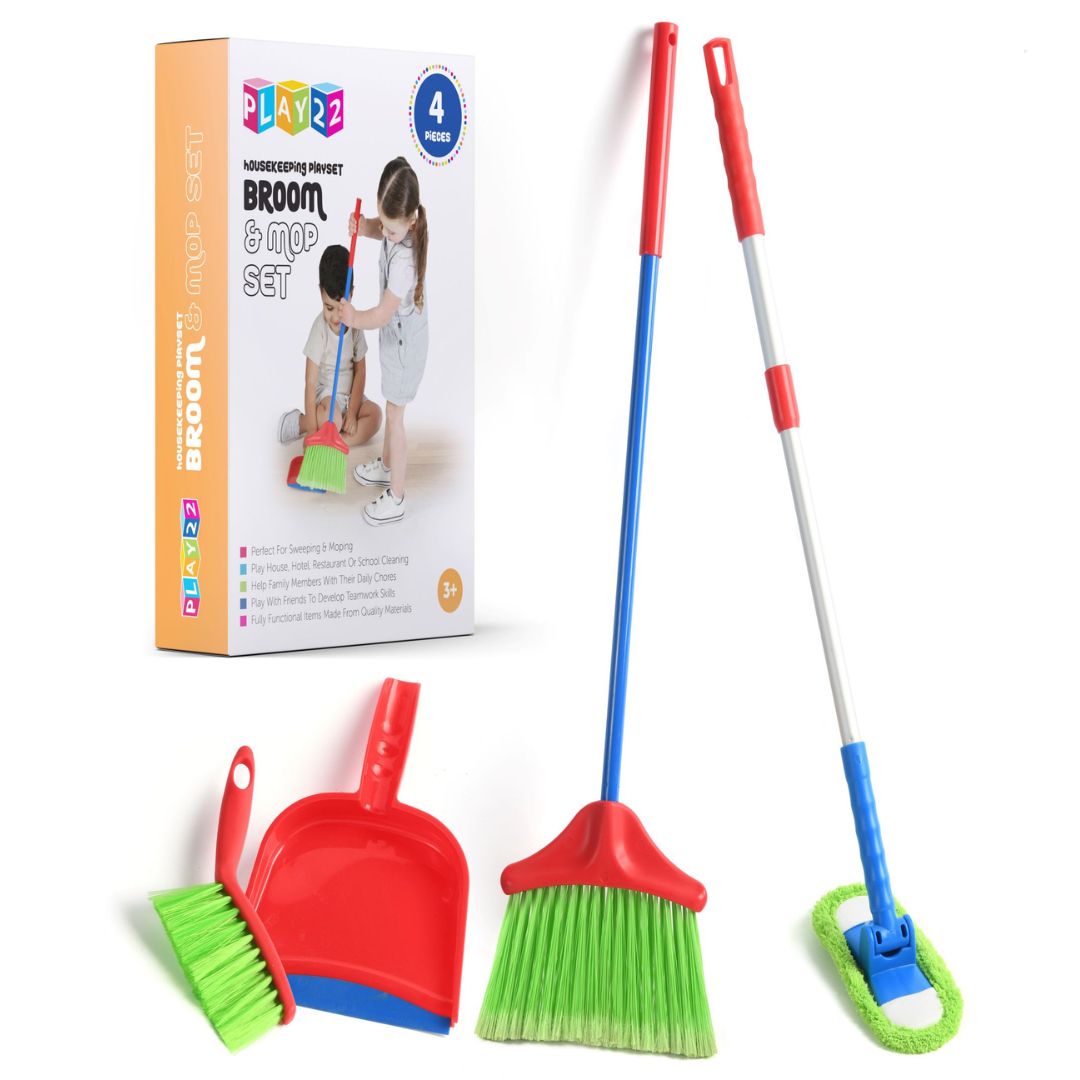 Kids Cleaning Set 4 Piece Toy Broom Mop Brush Dustpan – Pretend Play Housekeeping Kit for Toddlers Boys Girls | Develops Fine Motor Skills & Responsibility | Best Birthday Christmas Gift Ages 3+