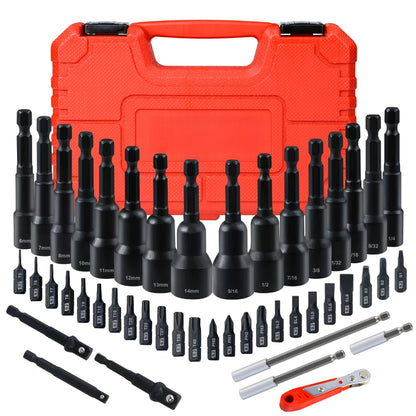 Magnetic Nut Driver Set 47pcs - Magnetic Screwdriver Bits & Socket Set, SAE 1/4"-9/16" & Metric 6-14mm, 1/4" Hex Shank, Strong Magnetism, for Drill & Impact Driver, Home & Professional Use