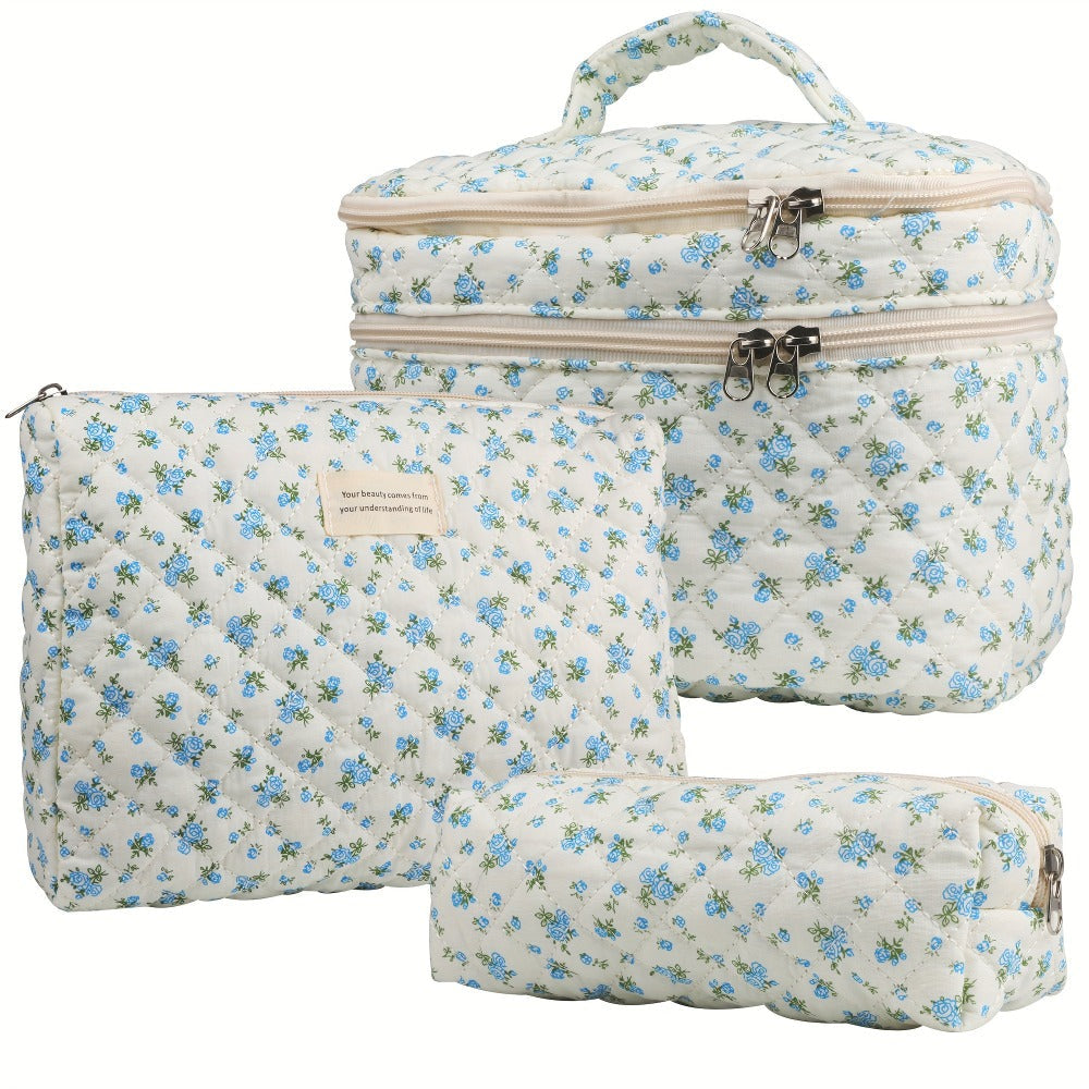 Makeup Bag Set 3 PCS Quilted Cotton Dual Layer Large Capacity Floral Coquette Aesthetic Travel Cosmetic Bag Women Toiletry Organizer Cute Soft Fabric Pouch Blue Pink Purple 6 Styles