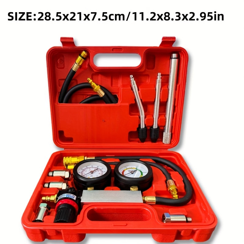 Automotive Kit for Testing Cylinder Leaks, Including a Gasoline Engine Compression Tester And a Dual Gauge Leakdown Detector Tool Set Designed for Pressure Checks And Leakage Rate Assessments on Vehicles Such As Cars, Motorcycles, And Trucks