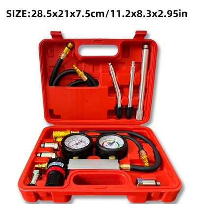 Automotive Kit for Testing Cylinder Leaks, Including a Gasoline Engine Compression Tester And a Dual Gauge Leakdown Detector Tool Set Designed for Pressure Checks And Leakage Rate Assessments on Vehicles Such As Cars, Motorcycles, And Trucks
