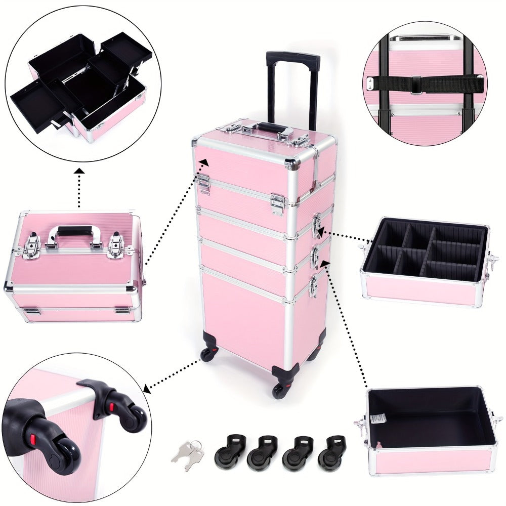 Rolling Makeup Case Aluminum 4-in-1 Extra Large Professional Cosmetic Trolley with 360° Swivel Wheels for Makeup Artist Tattoo Artist Salon Travel Black Pink Silver