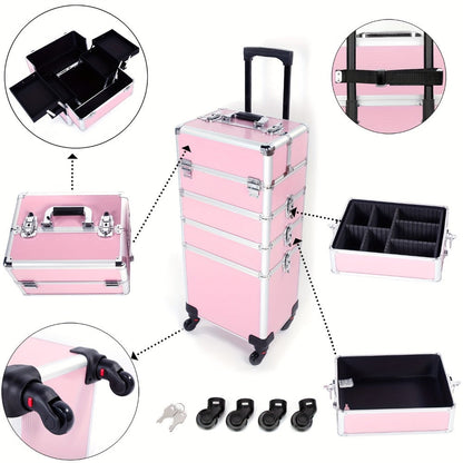 Rolling Makeup Case Aluminum 4-in-1 Extra Large Professional Cosmetic Trolley with 360° Swivel Wheels for Makeup Artist Tattoo Artist Salon Travel Black Pink Silver