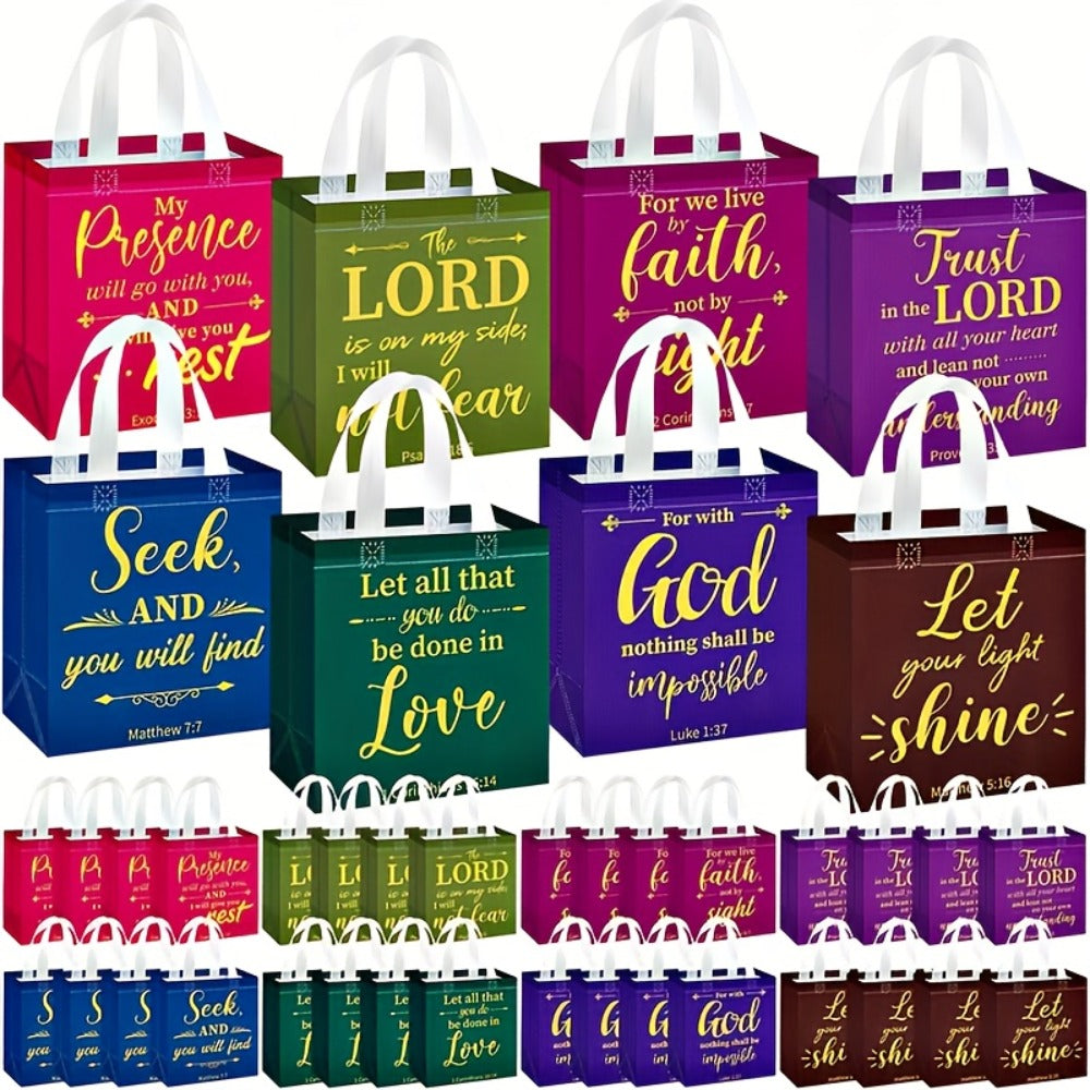 Bible Verse Gift Bags Bulk 32 or 64pcs | 8 Colors Reusable Christian Religious Gift Bags with Handles for Women | Medium Non-Woven Church Bags for Baptism, Wedding, Party Supplies, VBS, Faith Events