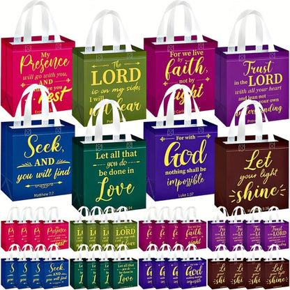 Bible Verse Gift Bags Bulk 32 or 64pcs | 8 Colors Reusable Christian Religious Gift Bags with Handles for Women | Medium Non-Woven Church Bags for Baptism, Wedding, Party Supplies, VBS, Faith Events