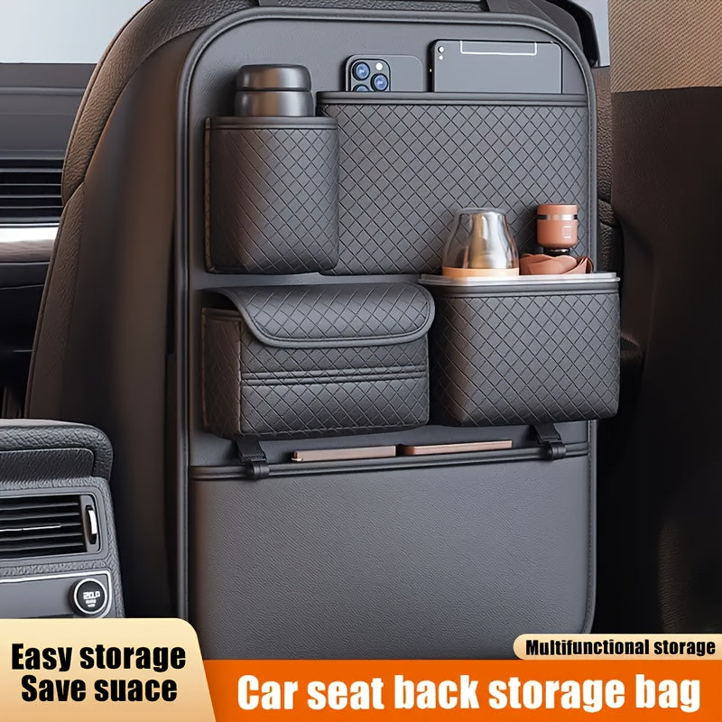 1pc Brand New 2025 Faux Leather Car Seat Back Organizer Bag Featuring a Diamond Design - Multi-Tier Storage for Bottles, Tablets, Laptops, And Additions, Black, Universal | Chic Car Organizer Bag | Faux Leather Car Bag
