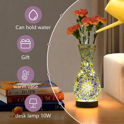 Mosaic Vase Lamp Turkish Moroccan Handmade Colorful Glass Table Lamp with Wooden Base – USB Plug-In Boho Night Light, Flower Vase Lamp for Bedroom Living Room Decor, Bohemian Mosaic Desk Lamp Gift