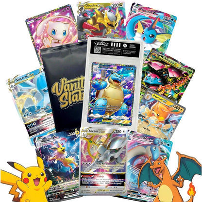 Pokemon Mystery Slab Pack – 1 V/VSTAR/VMAX/EX Card Sealed in Vanity Slab Display Case + 1 Bonus EX Card + 10 Holo Cards, Authentic TCG Collectible Display-Ready Gift for Kids & Collectors
