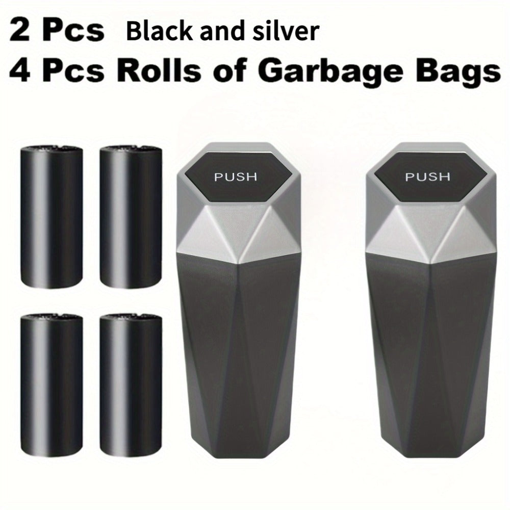 Car Trash Can with Trash Bags – Mini Diamond Design Car Bin Set, 2 Cans + 60 Bags (4 Rolls), One-Button Lid, Fits Cars Trucks SUVs – Car Interior Organizer