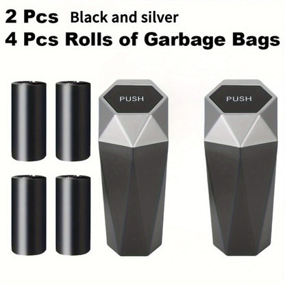 Car Trash Can with Trash Bags – Mini Diamond Design Car Bin Set, 2 Cans + 60 Bags (4 Rolls), One-Button Lid, Fits Cars Trucks SUVs – Car Interior Organizer