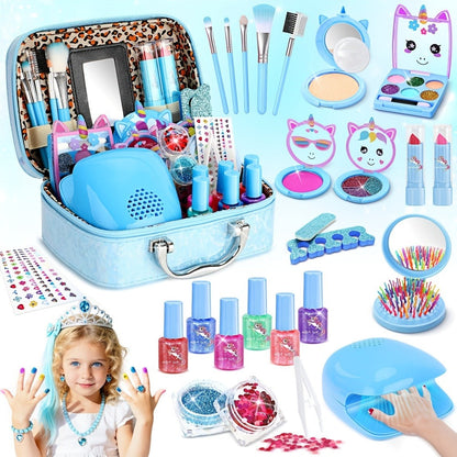 Kids Makeup Set for Girls – 2-in-1 Princess Makeup & Nail Art Kit, Washable Non-Toxic Pretend Play Cosmetics with Nail Polish, Eyeshadow, Lipstick & Accessories, Birthday Gift for Girls Ages 3+