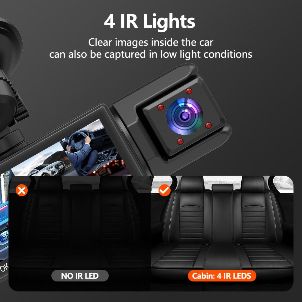 1080P Dash Cam with 3 Cameras Front Built-In Rear Infrared Night Vision 170° Wide-Angle Built-In Audio 32GB Card Connection to Smartphone Loop Recording G-Sensor 24 Parking Monitor