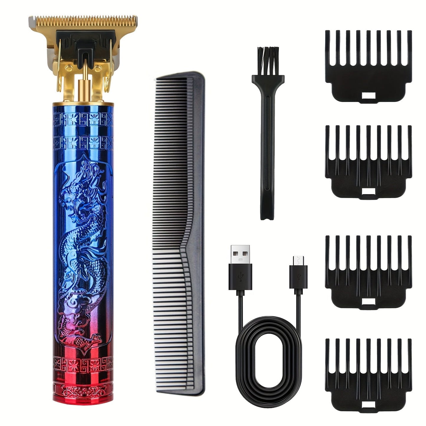 T-Blade Hair Trimmer for Men - Retro Electric Clipper, USB Rechargeable 1000mAh, 240-Min Runtime, 4 Guide Combs, Dragon & Buddha Designs, Black Bronze Blue Purple