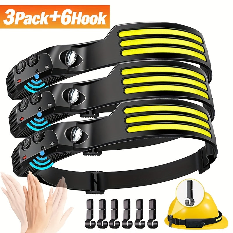 Motion Sensor COB Headlamp 3 Pack + 6 Hooks, 230° Wide Beam Rechargeable LED Head Lamp, 5 Modes COB & LED Headlamps for Adults, Hard Hat Headlight, Headband Flashlight for Camping, Work & Hiking
