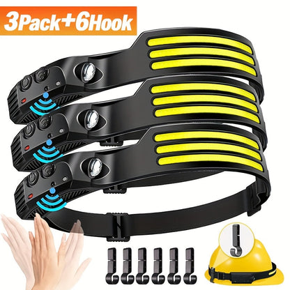 Motion Sensor COB Headlamp 3 Pack + 6 Hooks, 230° Wide Beam Rechargeable LED Head Lamp, 5 Modes COB & LED Headlamps for Adults, Hard Hat Headlight, Headband Flashlight for Camping, Work & Hiking