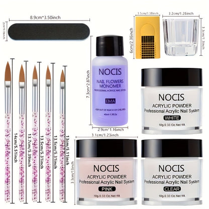 Acrylic Nail Powder Liquid Monomer Kit 3 Colors Clear White Pink Extension Set with Nail Art Brush for Nail Extensions 3D Carving Overlay French Manicure - Beginner Professional Nail Gift Set