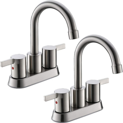Bathroom Faucet 4-Inch 2-Handle Centerset – 360° Swivel Spout, Pop-Up Drain & Supply Lines Included, 2-3 Hole Vanity Sink Faucet for RV & Home, Brushed Gold, Matte Black, Nickel & Chrome