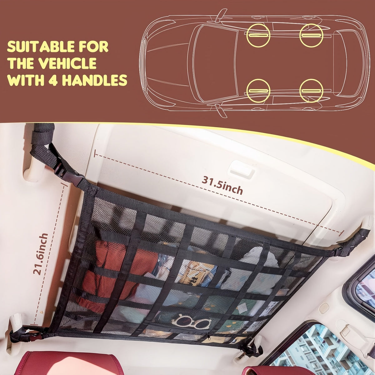 Upgrade Car Ceiling Cargo Net Pocket, 31.5"x21.6" Strengthen Load-Bearing and Droop Less Double-Layer Mesh Car Roof Storage Organizer,Truck SUV Travel Long Road Trip Camping Interior Accessories