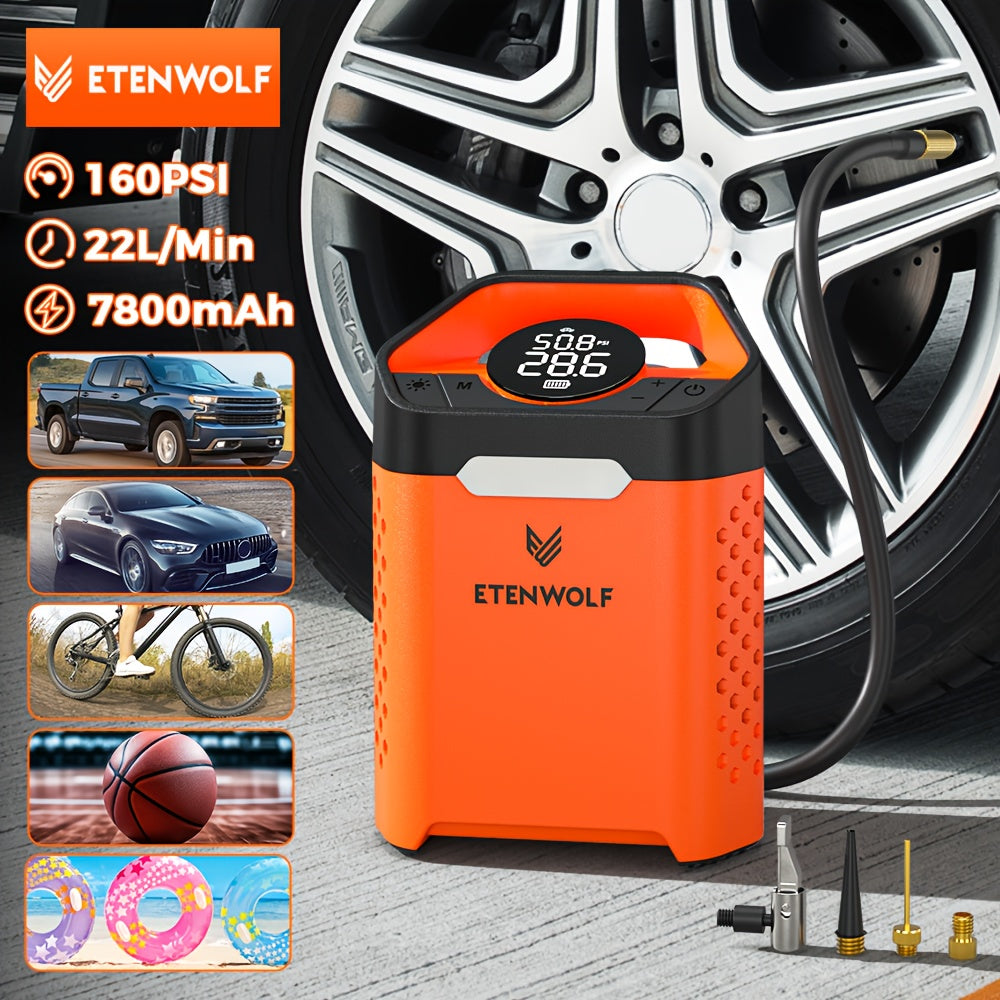 ETENWOLF Portable Air Pump for Car Tires & Tire Inflator Air Compressor | 1 Min Fast Inflation, 100% Duty Cycle, Heavy Duty, USB Charging, Digital Display, Rechargeable Battery