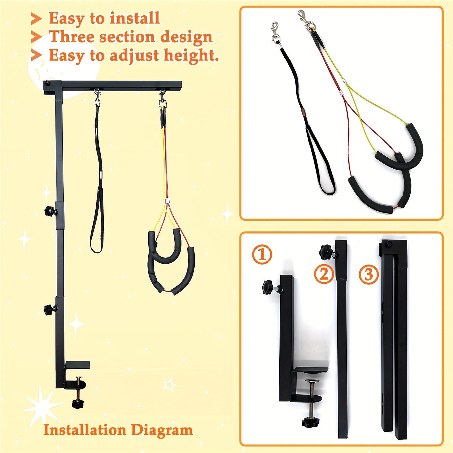 Dog Grooming Arm with Clamp 36 Inch Adjustable 3-Section Iron No-Sit Haunch Holder with Colorful Ropes for Small Medium Dogs Cats Black