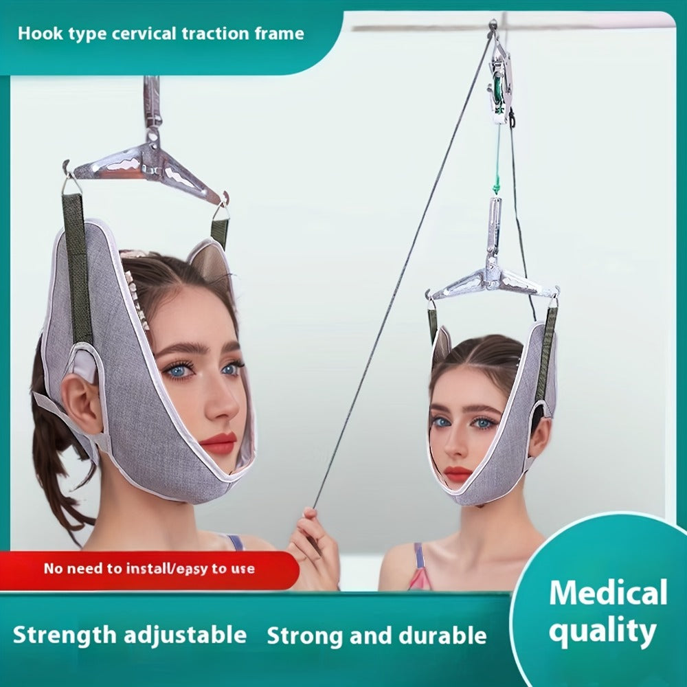 Cervical Traction Device with Handle, Adjustable Neck Traction Belt & Shoulder Massager, Spinal Decompression Pillow for Muscle Tension Relief, Durable Iron & Nylon Home Neck Stretcher