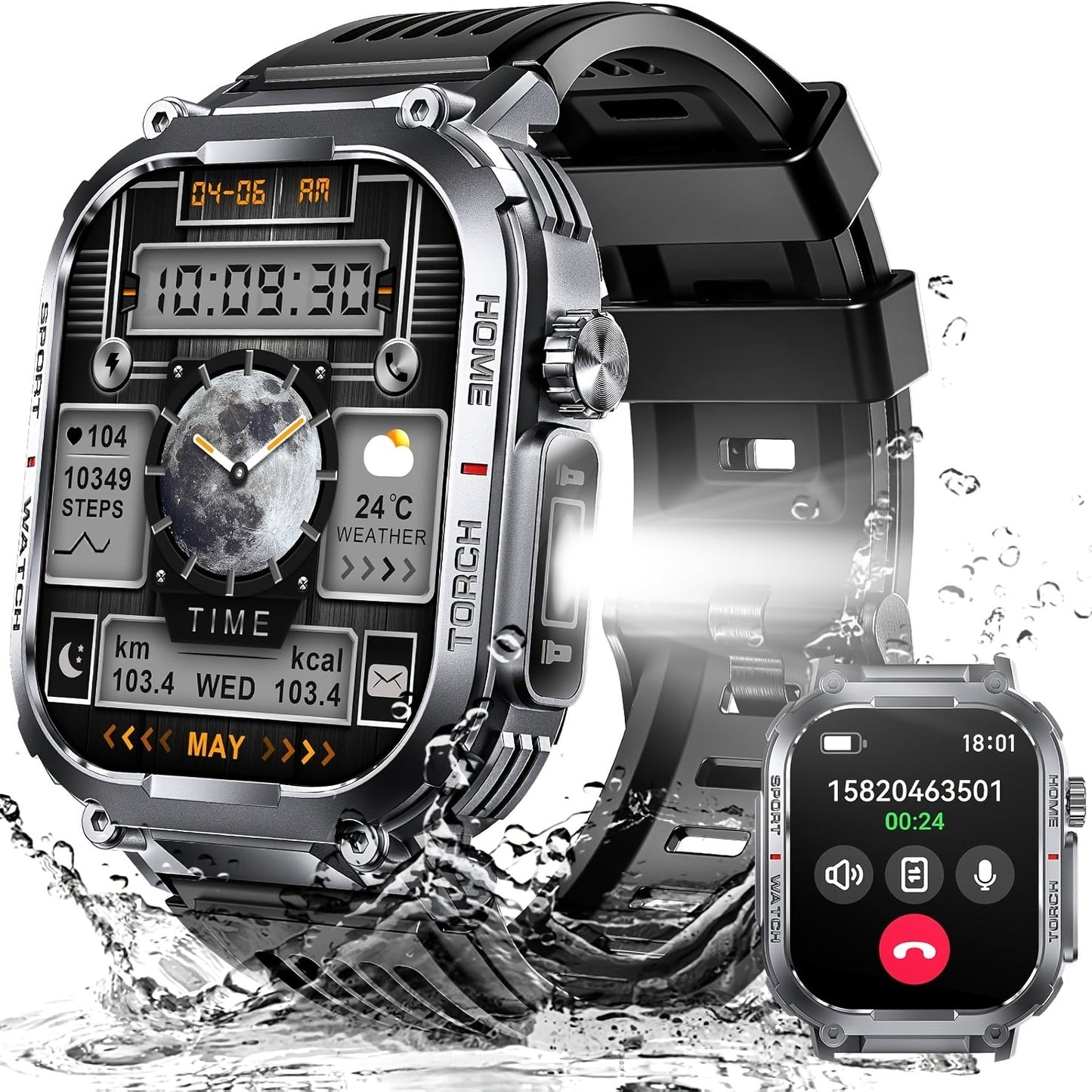 Smart Watch for Men with Call Function, IP68 Waterproof Outdoor Smartwatch 2.02" LED Flashlight, 400mAh Battery, Compass Pedometer Calorie Pressure Monitor Fitness Tracker for iPhone Android