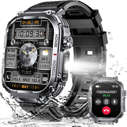 Smart Watch for Men with Call Function, IP68 Waterproof Outdoor Smartwatch 2.02" LED Flashlight, 400mAh Battery, Compass Pedometer Calorie Pressure Monitor Fitness Tracker for iPhone Android